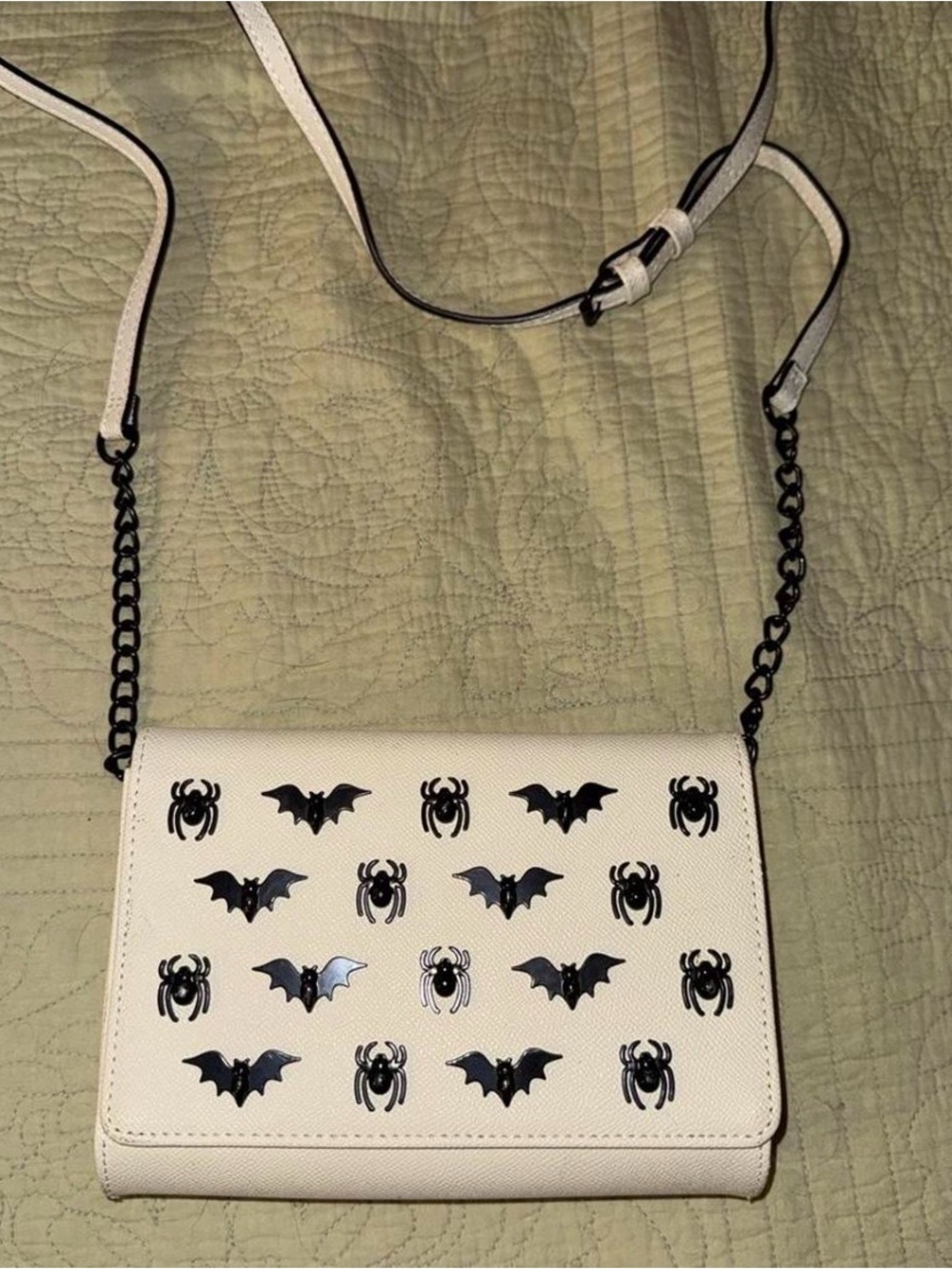 Betsey Johnson White Crossbody with Black Bat & Spider Studs